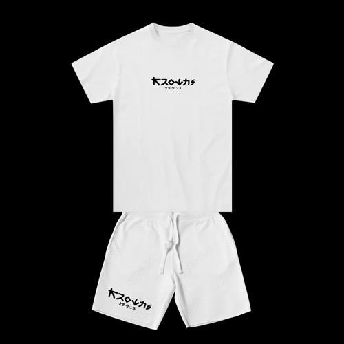 White t-shirt and shorts set with black text on a white background